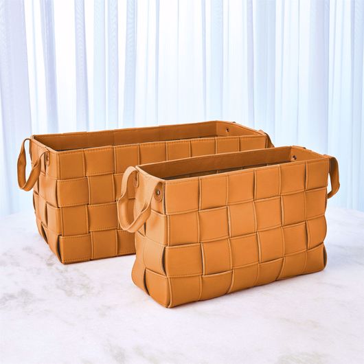 Picture of SOFT WOVEN RECTANGULAR LEATHER BASKET-ORANGE